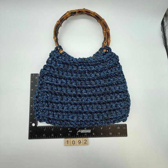 Unbranded Handbags - Blue Crochet Knit‎ Handbag with Round Bamboo Top Handles Boho cottage coastal